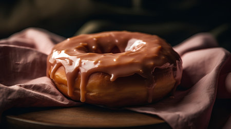 Donut with chocolate glaze on a wooden board. Toned.の素材