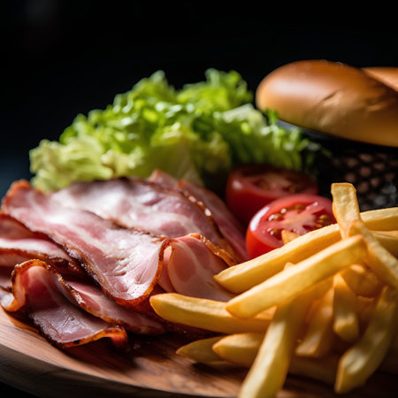 hamburger and french fries on a wooden plate, black backgroundの素材