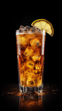 Glass of cola with ice cubes and lemon slice on black backgroundの素材