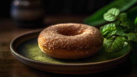 Delicious fresh donut with powdered sugar and mint leaves on wooden tableの素材