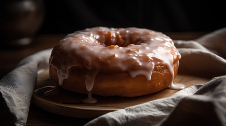 Donut with white glaze on a wooden background. Toned.の素材