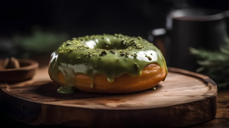 Delicious glazed donut with pistachio on wooden boardの素材