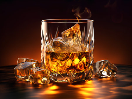 Glass of whiskey with ice cubes on dark background. 3d illustrationの素材