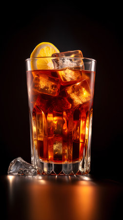 Cuba libre cocktail with ice cubes and lemon on black backgroundの素材