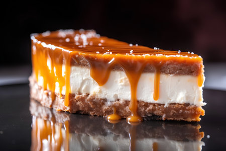 Cheesecake with caramel on a black background. Selective focus.の素材