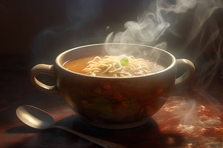 Hot soup with noodles and vegetables in a cup on a dark backgroundの素材