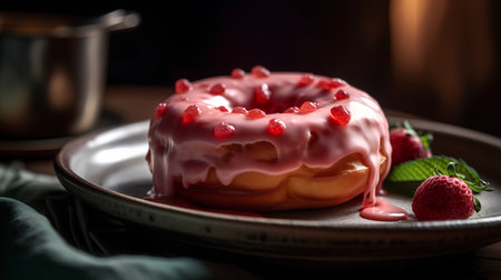 Donut with strawberry jam on a plate. Selective focus.の素材