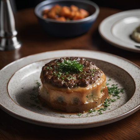 stewed meatballs with mashed potatoes and parsley on a plateの素材