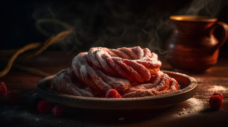 Cake with raspberries and powdered sugar on a wooden backgroundの素材