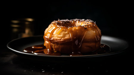Caramel bundt cake with icing and caramel syrup on dark backgroundの素材