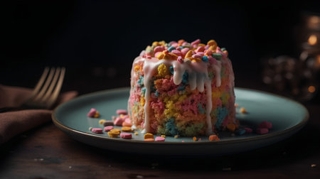 Rainbow cake on a plate. Selective focus. Dark background.の素材