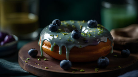 Delicious glazed donut with fresh blueberries and mint, selective focusの素材