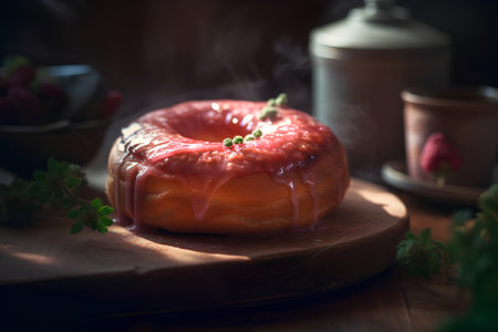 Delicious donut with strawberry jam on wooden table, closeupの素材