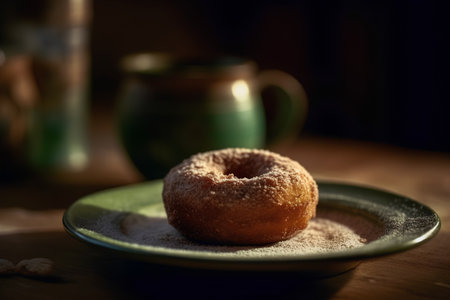 Donut with icing sugar and cup of coffee on wooden table.の素材