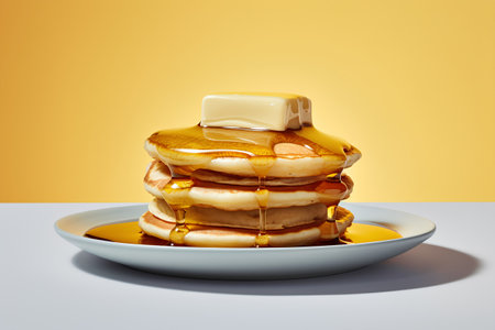 Stack of pancakes with honey on a white plate. 3d illustrationの素材