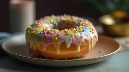 Donut with glaze and sprinkles on a plate, selective focusの素材