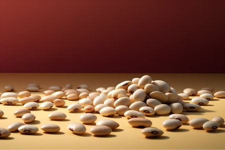 Soybean seeds on yellow and red background with space for textの素材