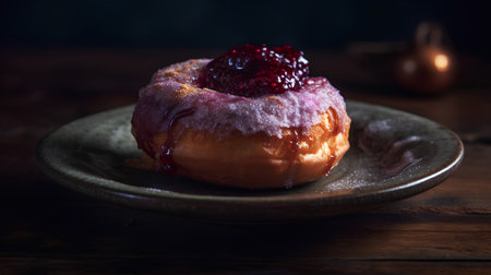 Donut with berry jam and icing sugar on wooden background.の素材