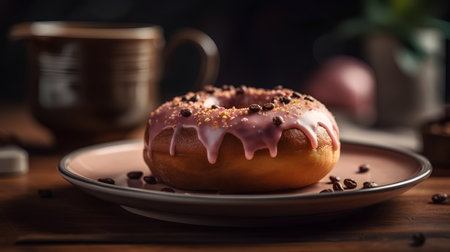 Donut with chocolate glaze and sprinkles on a wooden tableの素材