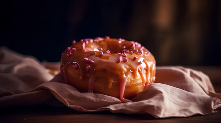 Delicious glazed donuts with pink sprinkles on wooden tableの素材
