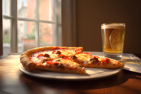 Pizza and beer on the table in a pub or restaurant.の素材
