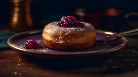 Delicious donuts with raspberries on a dark background.の素材