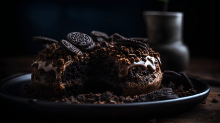 Chocolate bundt cake on wooden table. Selective focus.の素材
