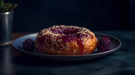 Doughnut with chocolate glaze and berries on a dark backgroundの素材