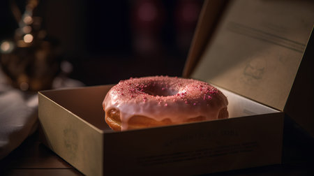 Delicious donuts in a box on a wooden table in the darkの素材