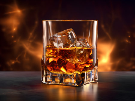 Whiskey with ice cubes on a dark background. 3d renderingの素材