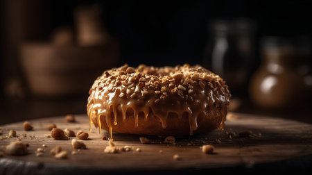 Chocolate donut with nuts on a wooden board. Dark background.の素材