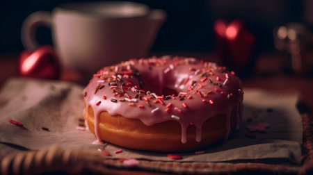 Donut with pink glaze and cup of coffee on wooden tableの素材