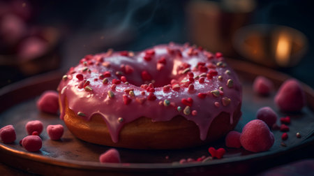 Donut with pink icing and fresh raspberries on a dark backgroundの素材