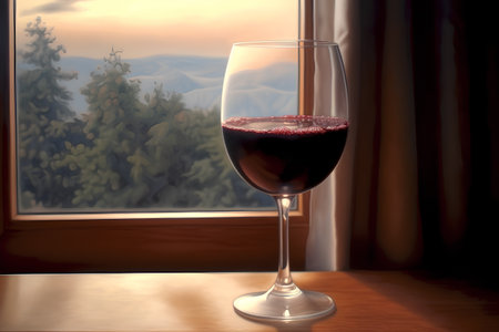 Glass of red wine on the background of the window and the landscapeの素材