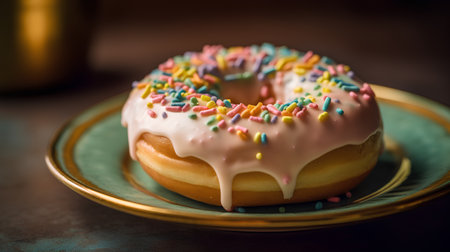 Donut with pink glaze and colorful sprinkles on a plateの素材