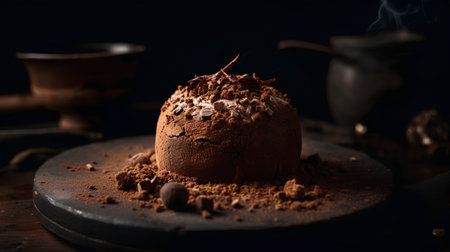Chocolate truffles with cocoa powder and cup of coffee on black backgroundの素材