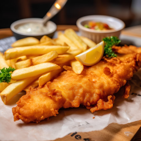 Fish and chips with tartar sauce and lemon on a wooden tableの素材