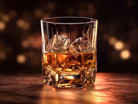 Whiskey glass with ice cubes on a dark background. 3d renderingの素材