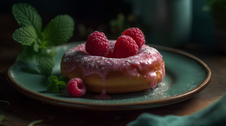 Donut with raspberries and mint on a dark background.の素材