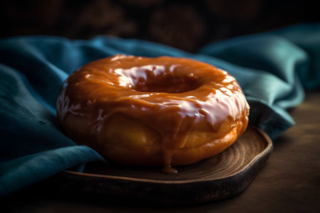 Donut with caramel glaze on a wooden table. Toned.の素材