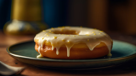 Donut on a plate, close-up, selective focus.の素材