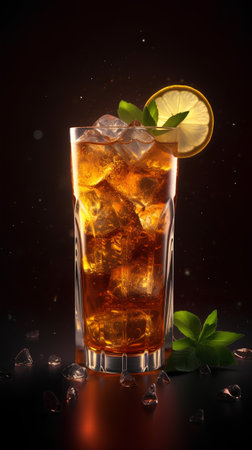 Cuba libre cocktail with ice cubes and lime on black backgroundの素材