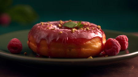 Donut with fresh raspberries on a green plate. Selective focus.の素材