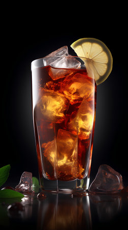 Glass of cola with ice cubes and lemon slice on black backgroundの素材