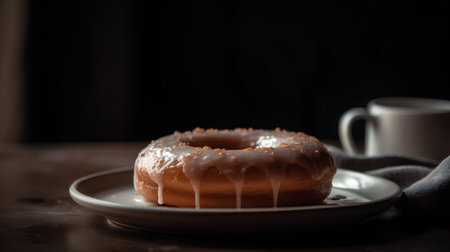 Donut on a plate and a cup of coffee on a wooden tableの素材