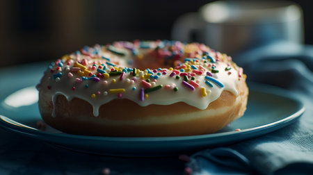 Donut with sprinkles on a blue plate, selective focus.の素材