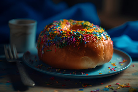 Donut with colorful sprinkles on a blue plate on a wooden tableの素材