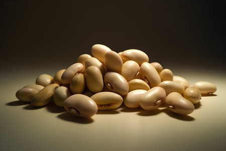 Pile of soybeans on a dark background with light and shadowの素材