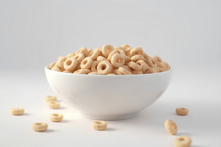 Bowl of cereal rings isolated on white background. Close up.の素材