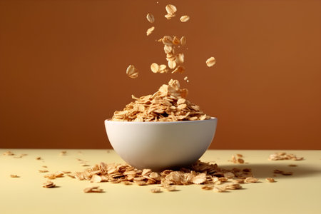 Oat flakes falling into a white bowl on a yellow background.の素材